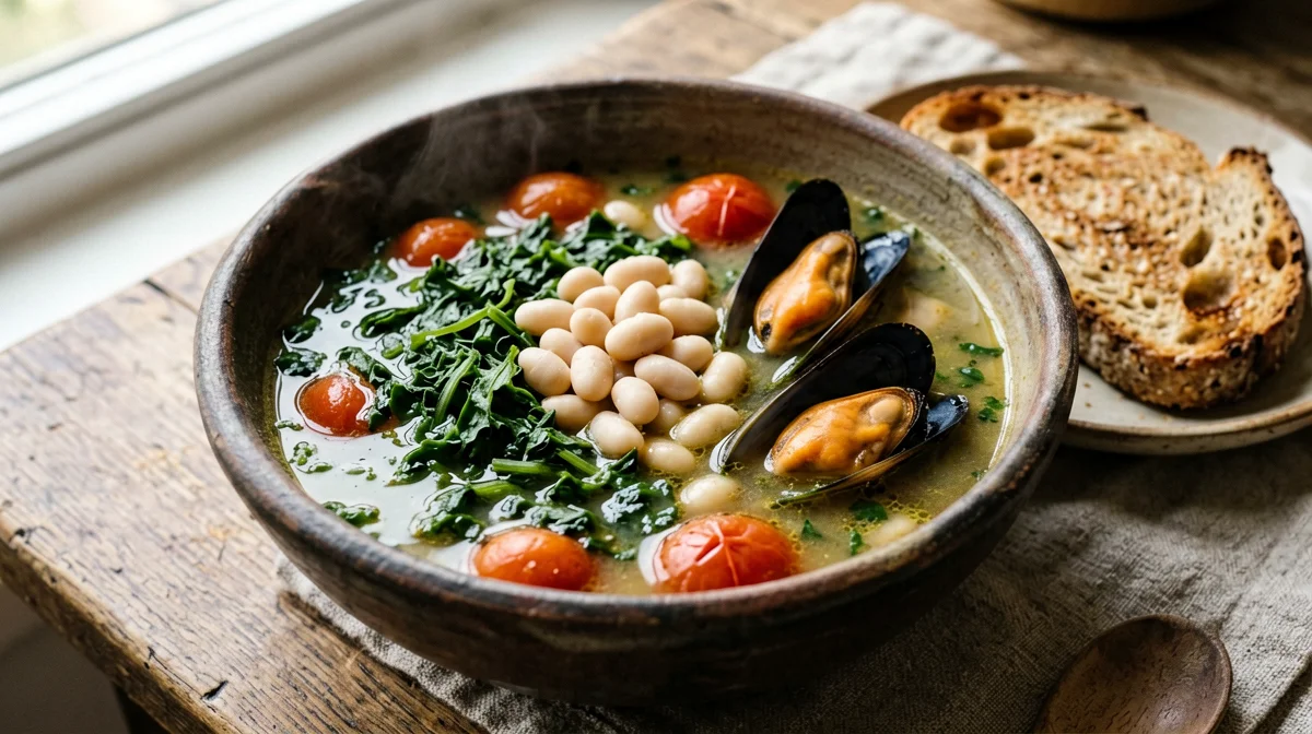 Mussel, bean and cavolo nero soup