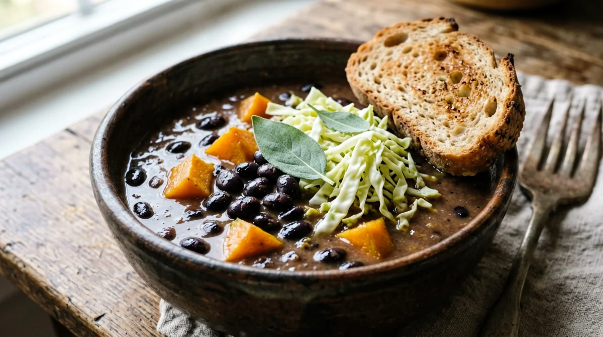 Zuppa di fagioli neri, zucca e cavolo