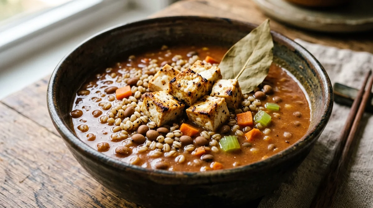 Zuppa di farro e lenticchie con tofu affumicato