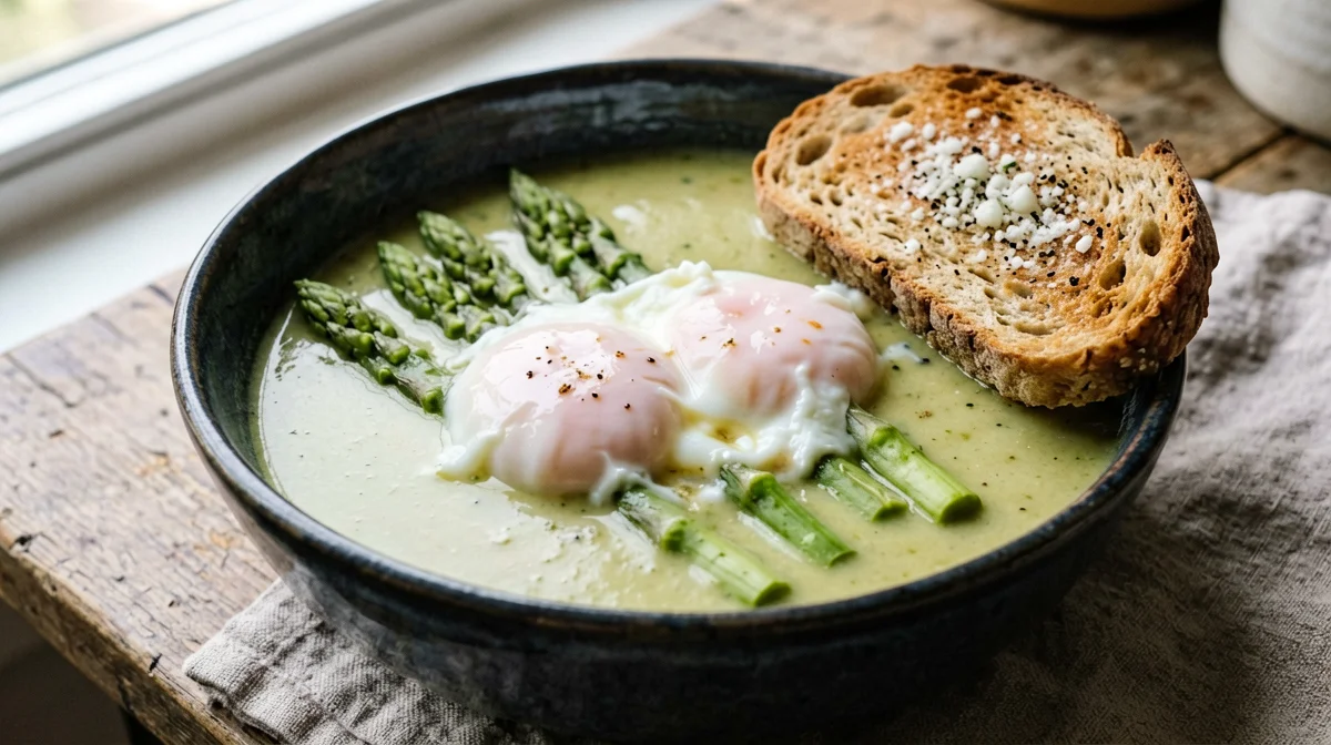 Asparagus soup with poached eggs and Grana toast