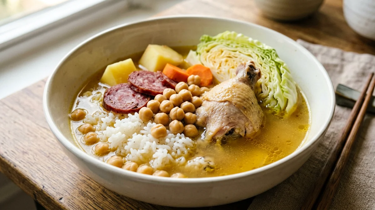 Light cocido madrileño with chickpeas and chicken