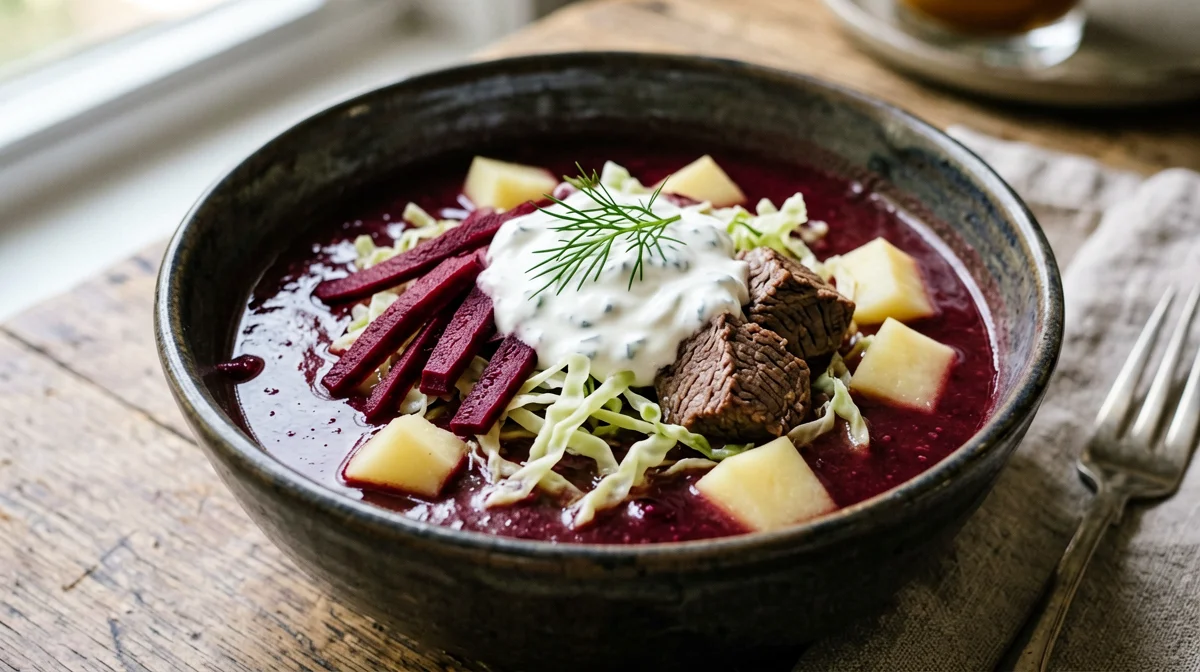 Borscht ucraino con manzo e panna acida
