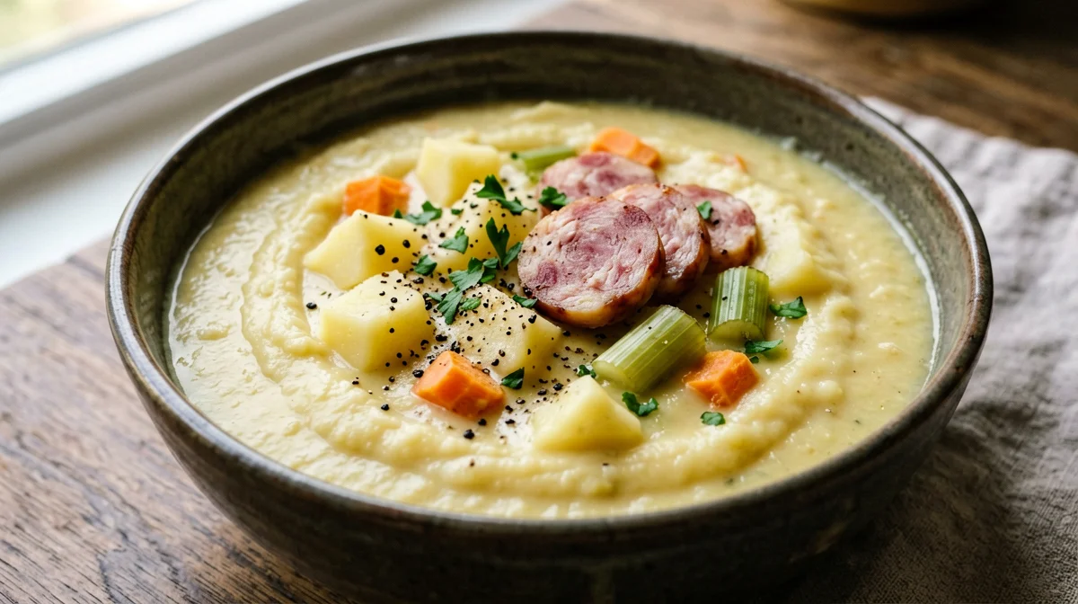 German kartoffelsuppe with frankfurter