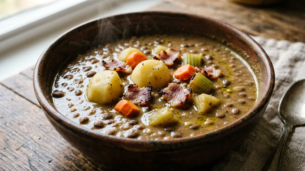 German linsensuppe with lentils and bacon