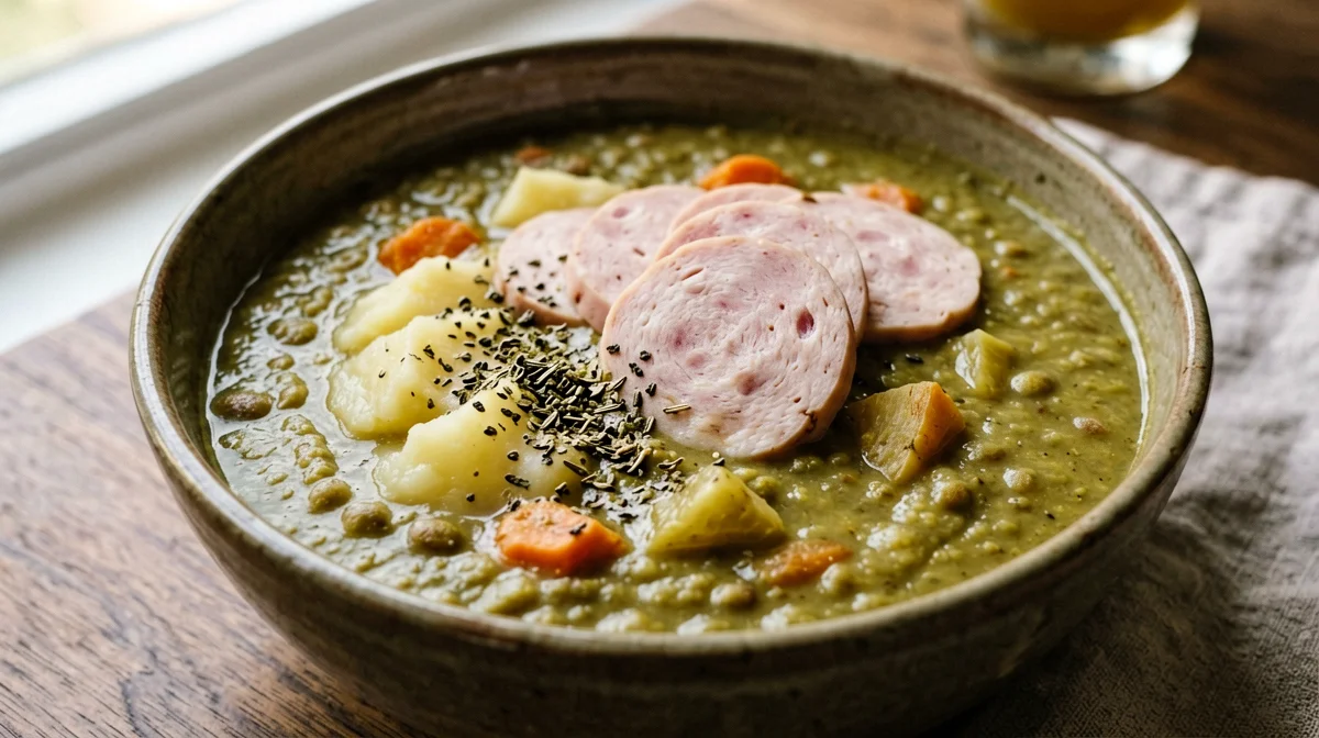 Erbsensuppe di piselli spezzati con wurstel di pollo