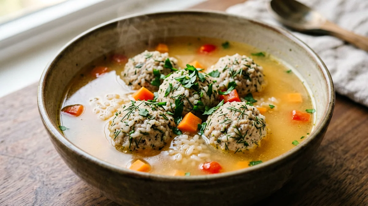 Romanian ciorbă with meatballs and vegetables