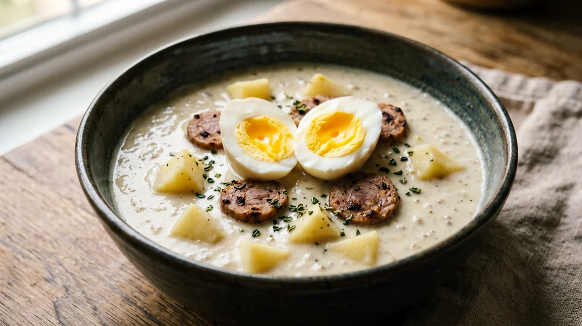 Polish żurek with egg and sausage