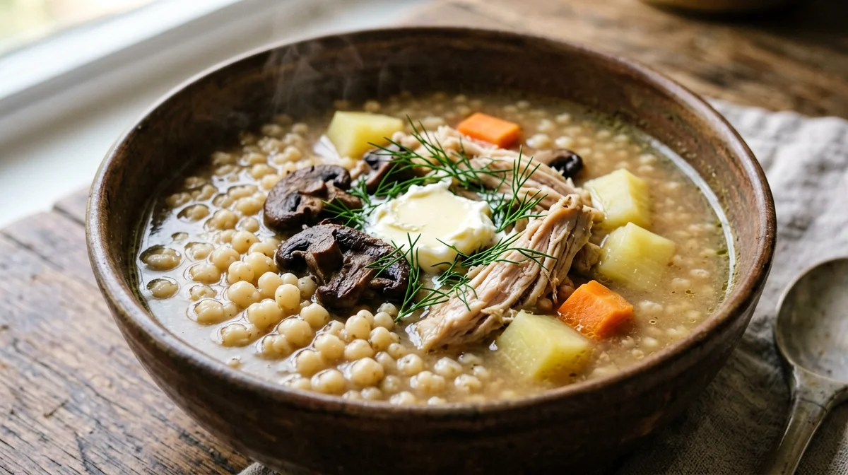 Polish krupnik barley soup with chicken and mushrooms