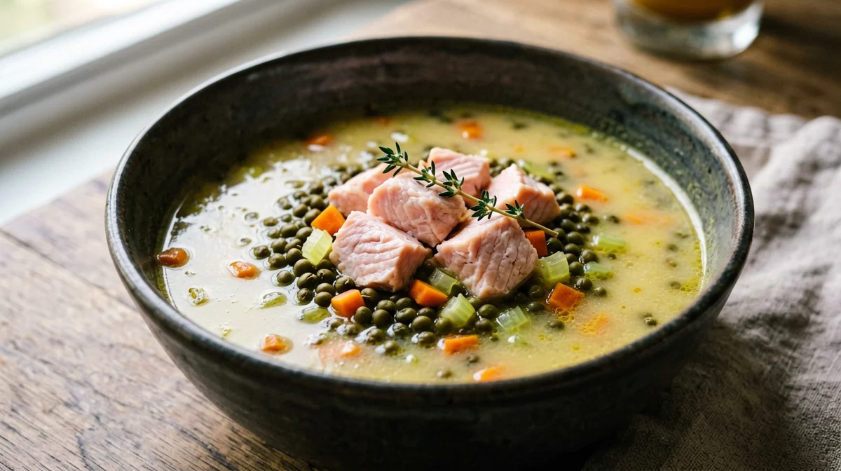 Zuppa di lenticchie verdi alla francese con salmone