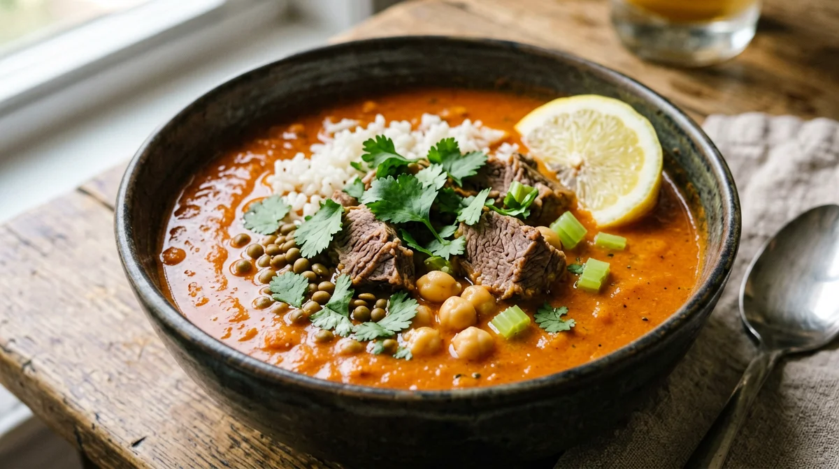 Moroccan harira with chickpeas, lentils and lamb