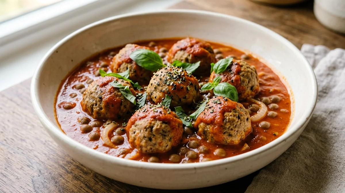 Polpette di lenticchie e tofu al sugo di pomodoro e basilico