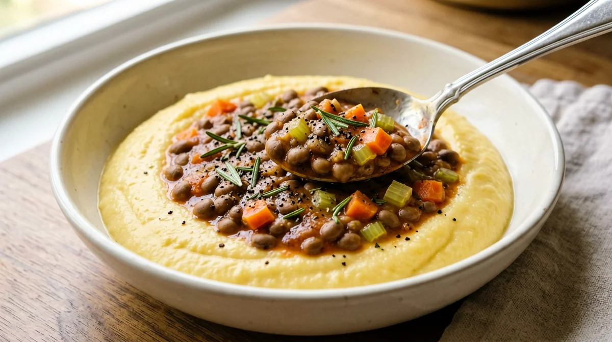 Stewed lentils with soft rosemary polenta