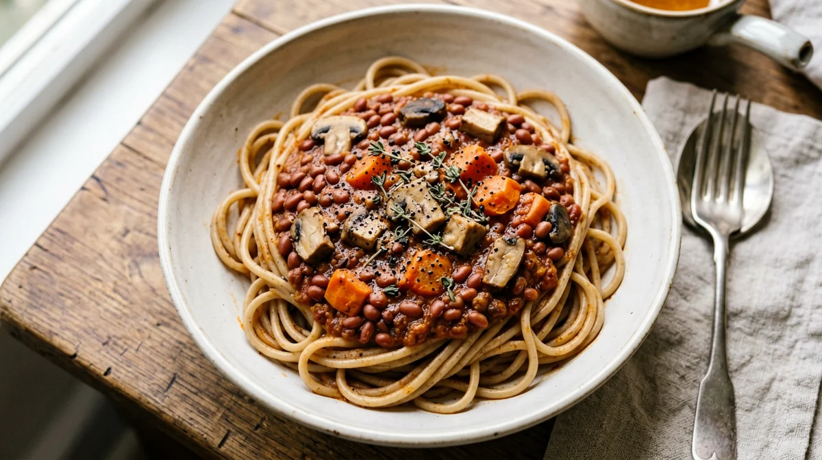 Ragù di lenticchie rosse e funghi con pasta integrale