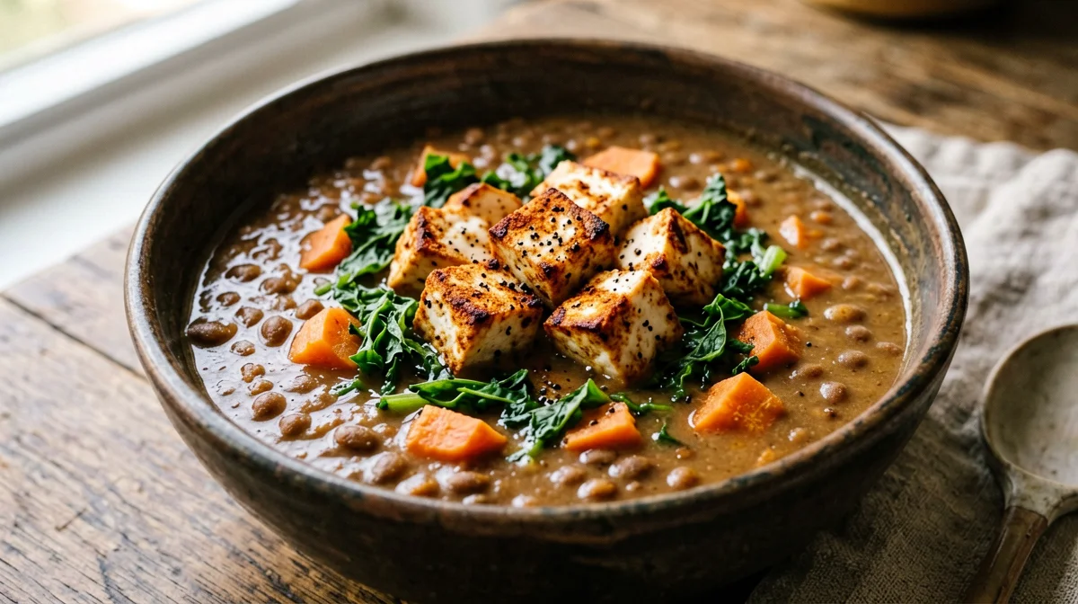 Zuppa di lenticchie, cavolo nero e tofu affumicato