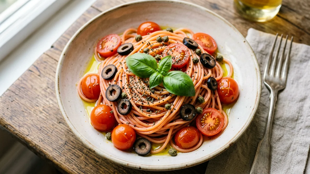 Pasta di lenticchie rosse con pomodorini, capperi e olive
