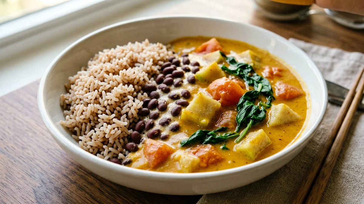 Lentil, squash and spinach curry with brown rice
