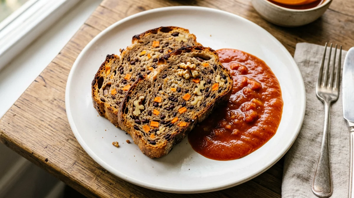Lentil and walnut loaf with tomato sauce
