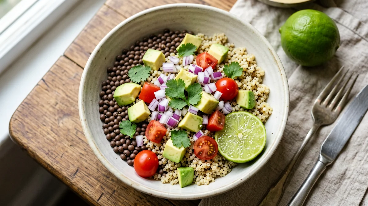 Black lentils with quinoa, avocado and lime