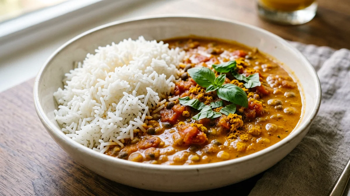 Dahl all'italiana di lenticchie rosse con pomodoro e basilico