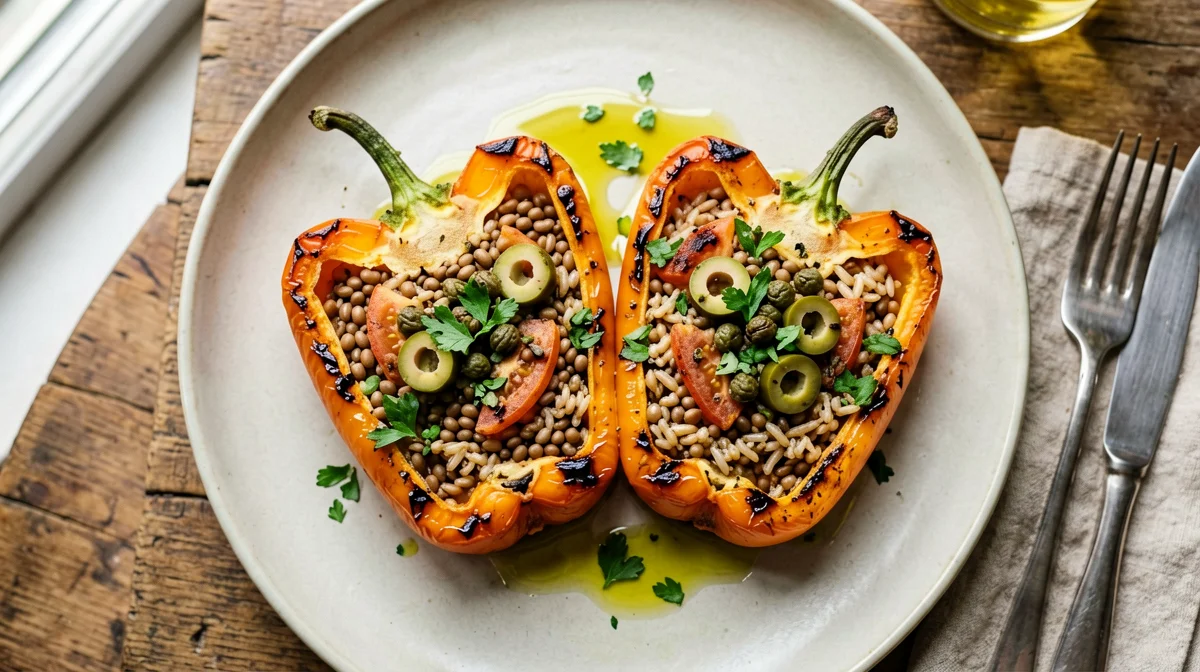 Peppers stuffed with lentils, rice and olives