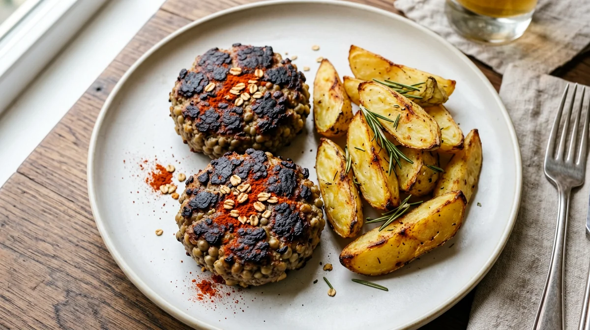 Lentil and mushroom burgers with roast potatoes