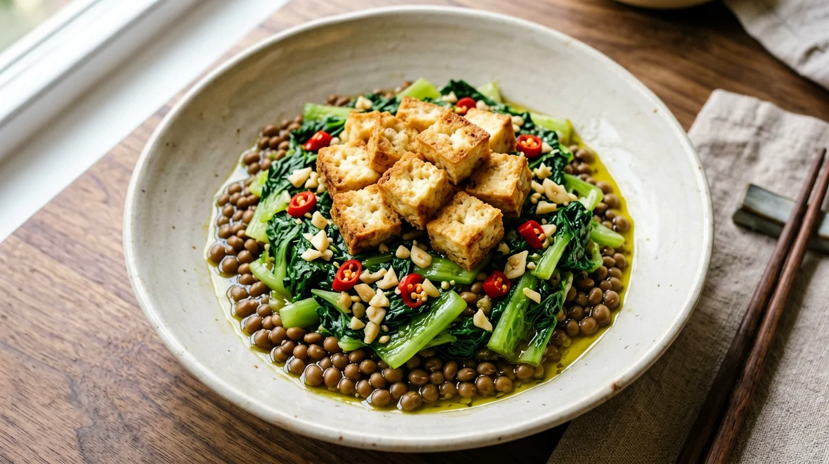 Lentils with turnip greens, chilli and crispy tofu