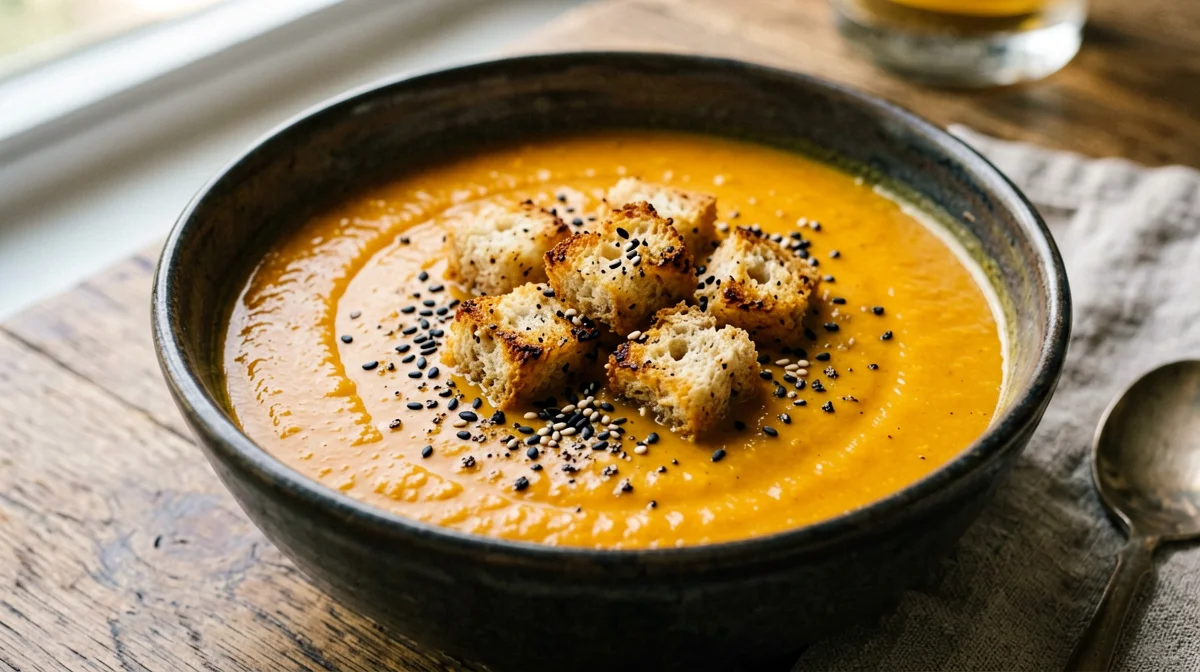 Crema di lenticchie rosse e carote con crostini di pane integrale