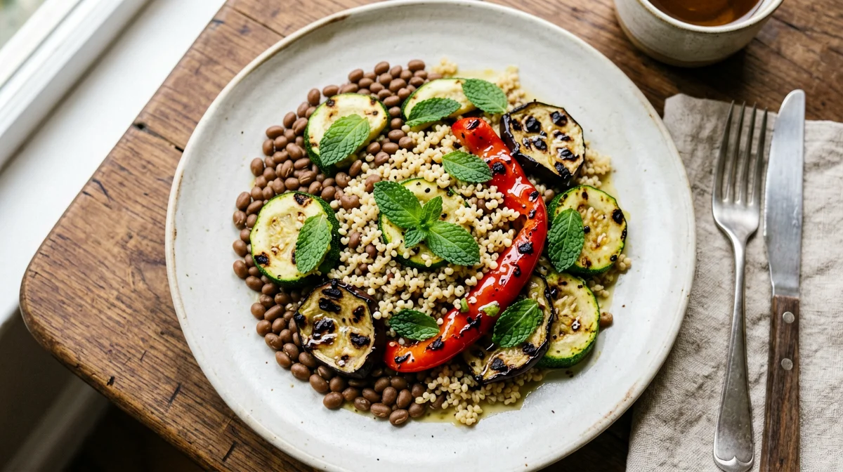 Insalata di lenticchie, farro e verdure grigliate
