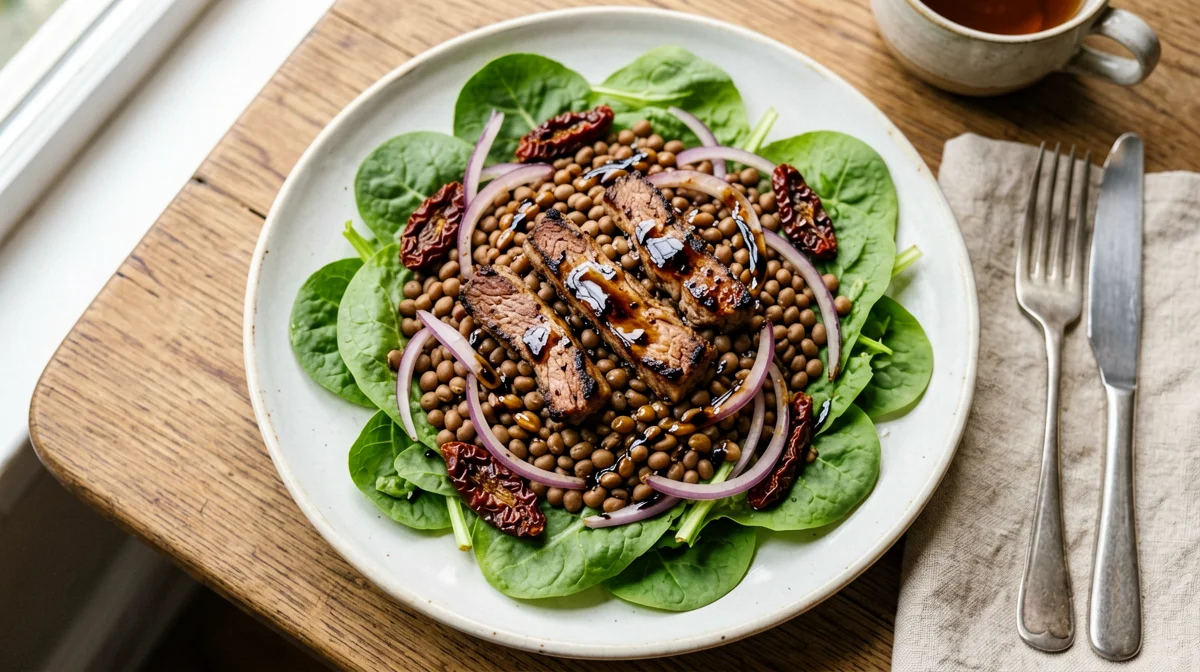Mediterranean warm lentils with seitan and rocket