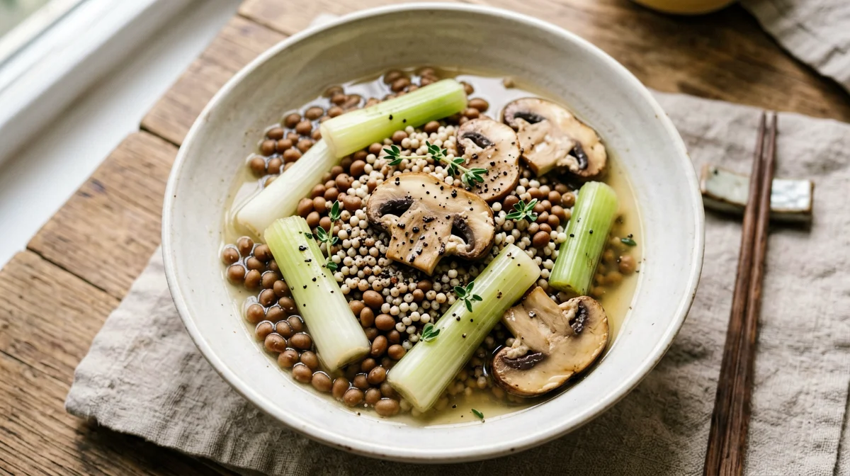 Lentils and buckwheat with leeks and mushrooms