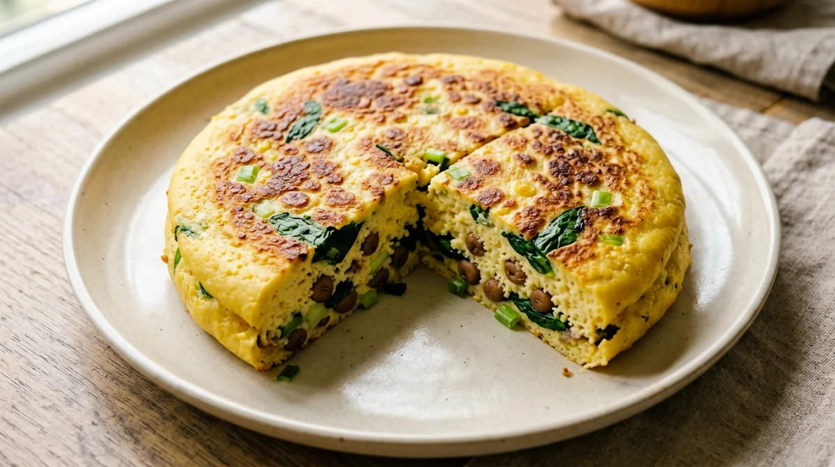 Frittata di farina di ceci con lenticchie e spinaci