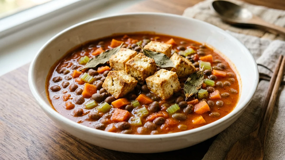 Braised lentils with sage tempeh