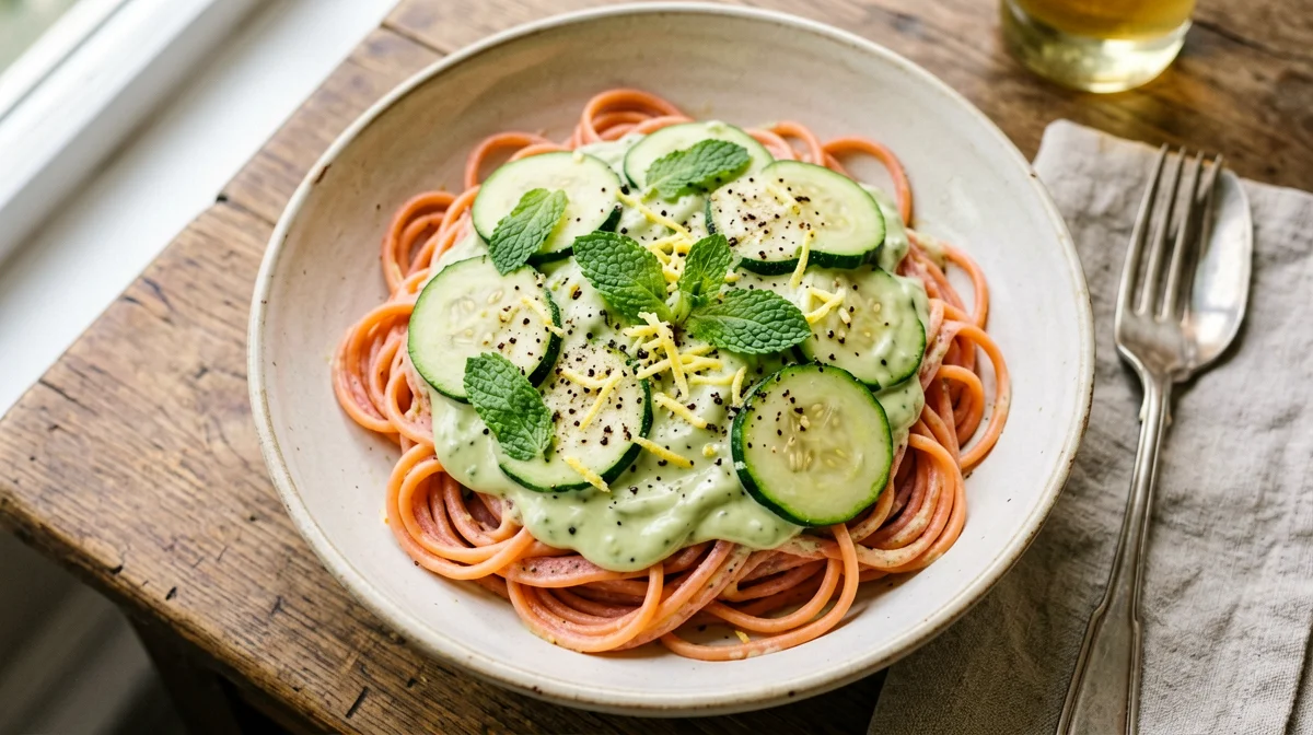 Red lentil pasta with zucchini and mint cream