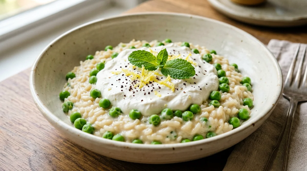 Risotto di piselli e tofu con menta e limone