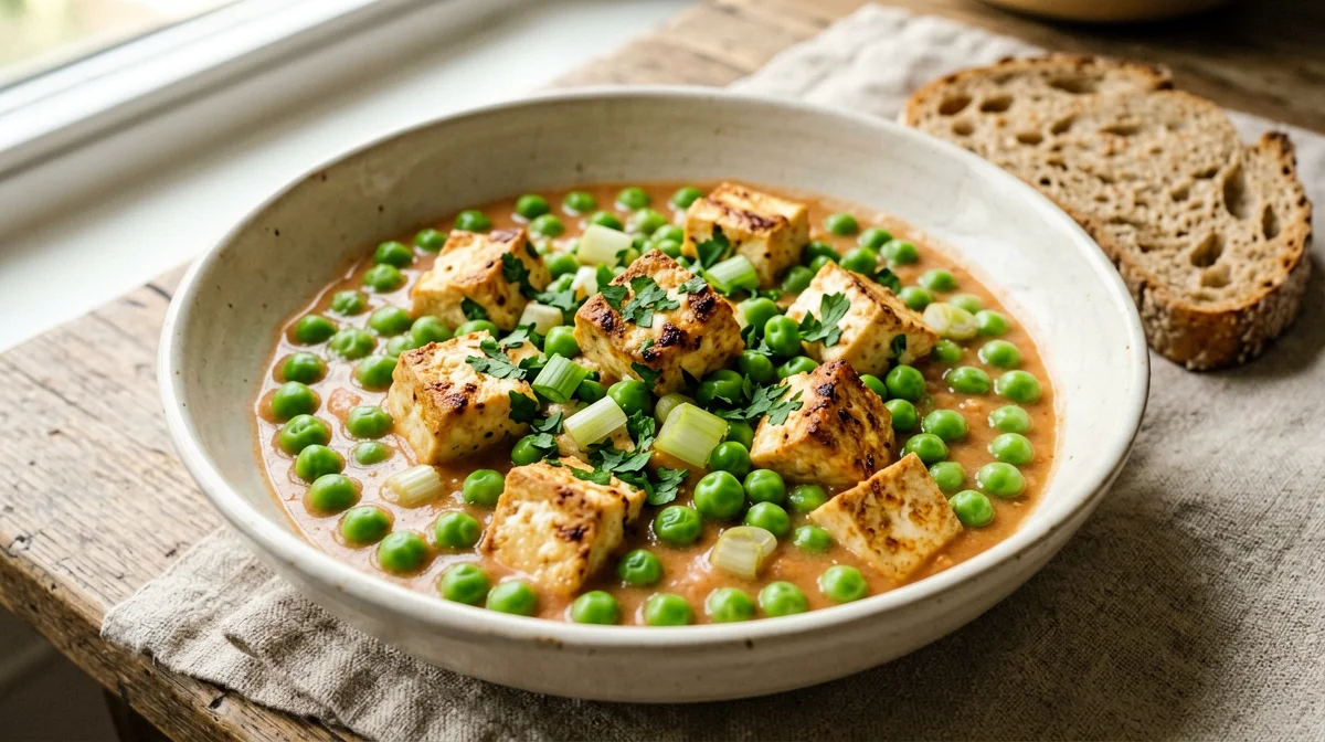 Piselli in umido con tofu affumicato e cipollotto