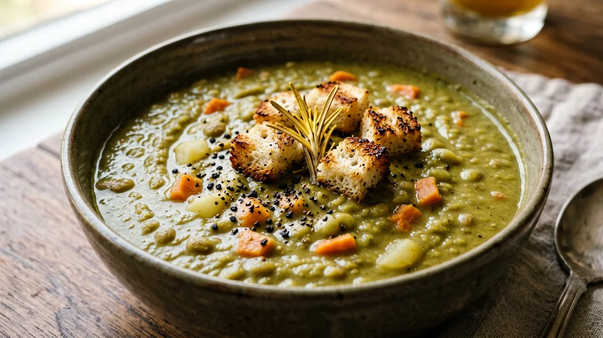 Zuppa di piselli spezzati con crostini e rosmarino