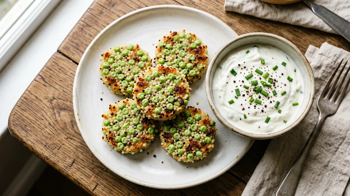 Pea and quinoa patties with soy yogurt sauce