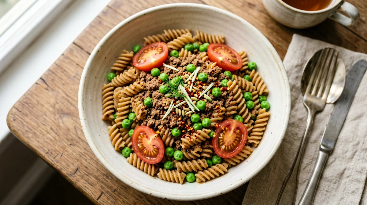 Whole wheat orecchiette with peas, tempeh and cherry tomatoes