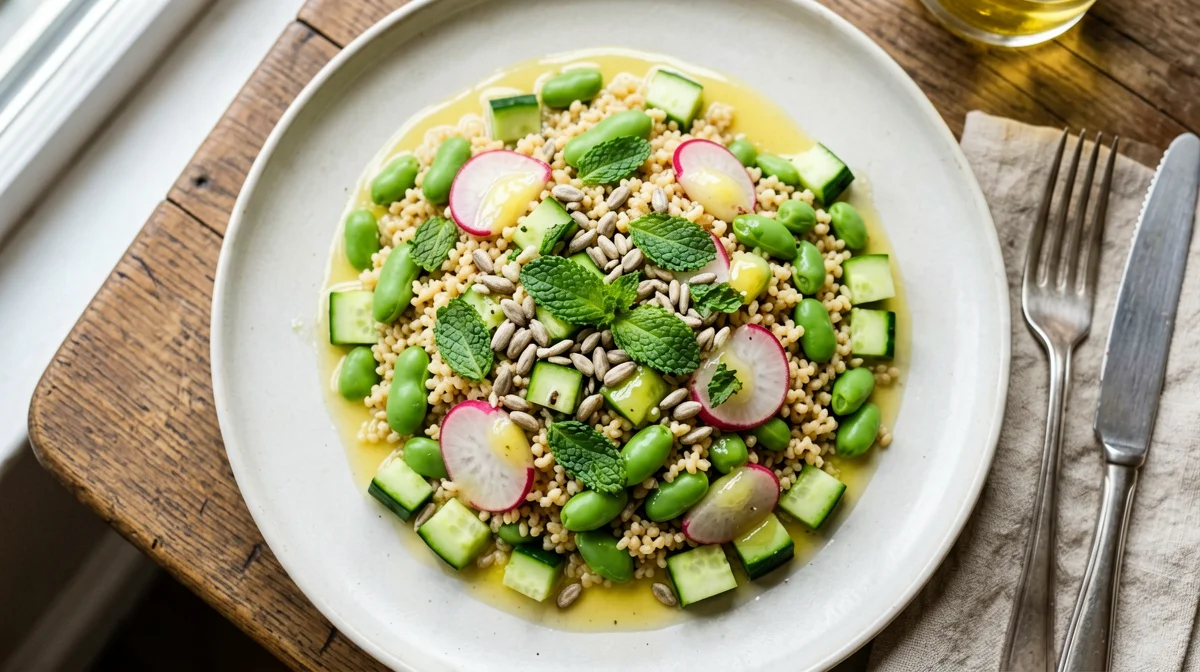 Insalata di fave fresche, farro e menta