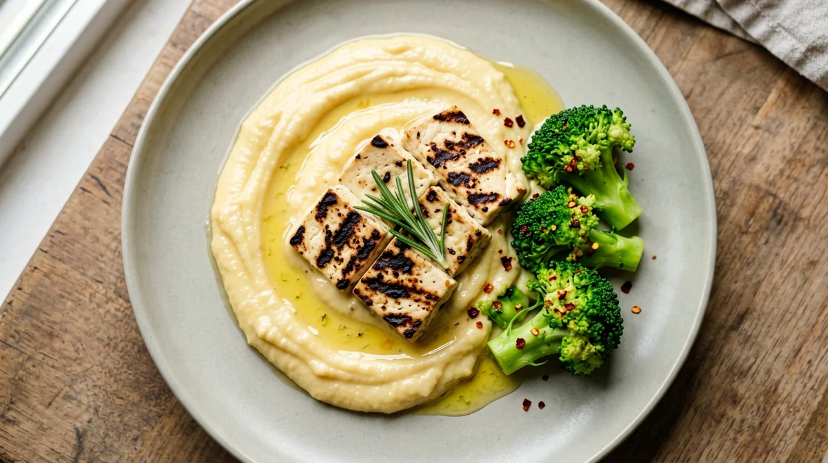 Fava bean purée with grilled tofu and broccoli