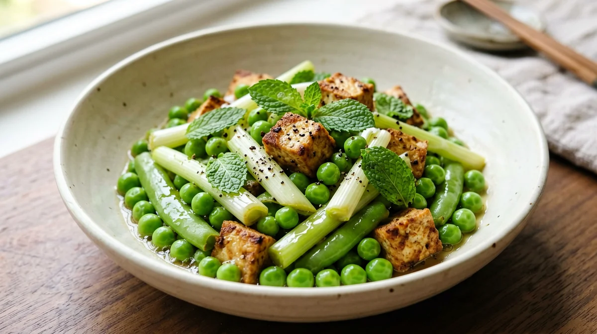 Braised fava beans and peas with tempeh and mint