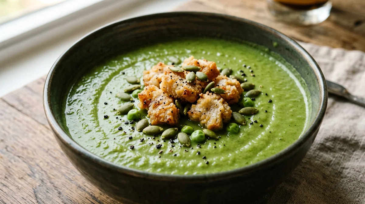 Pea soup with crispy seitan and pumpkin seeds