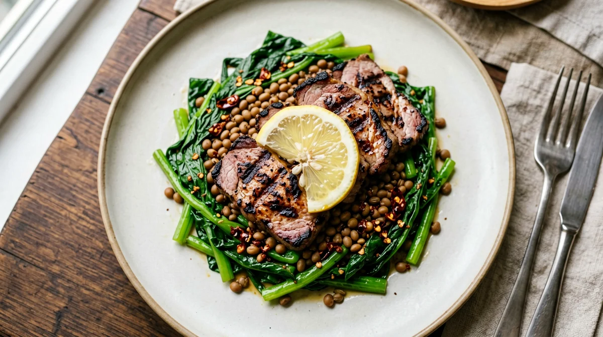 Bietole e lenticchie con seitan alla piastra