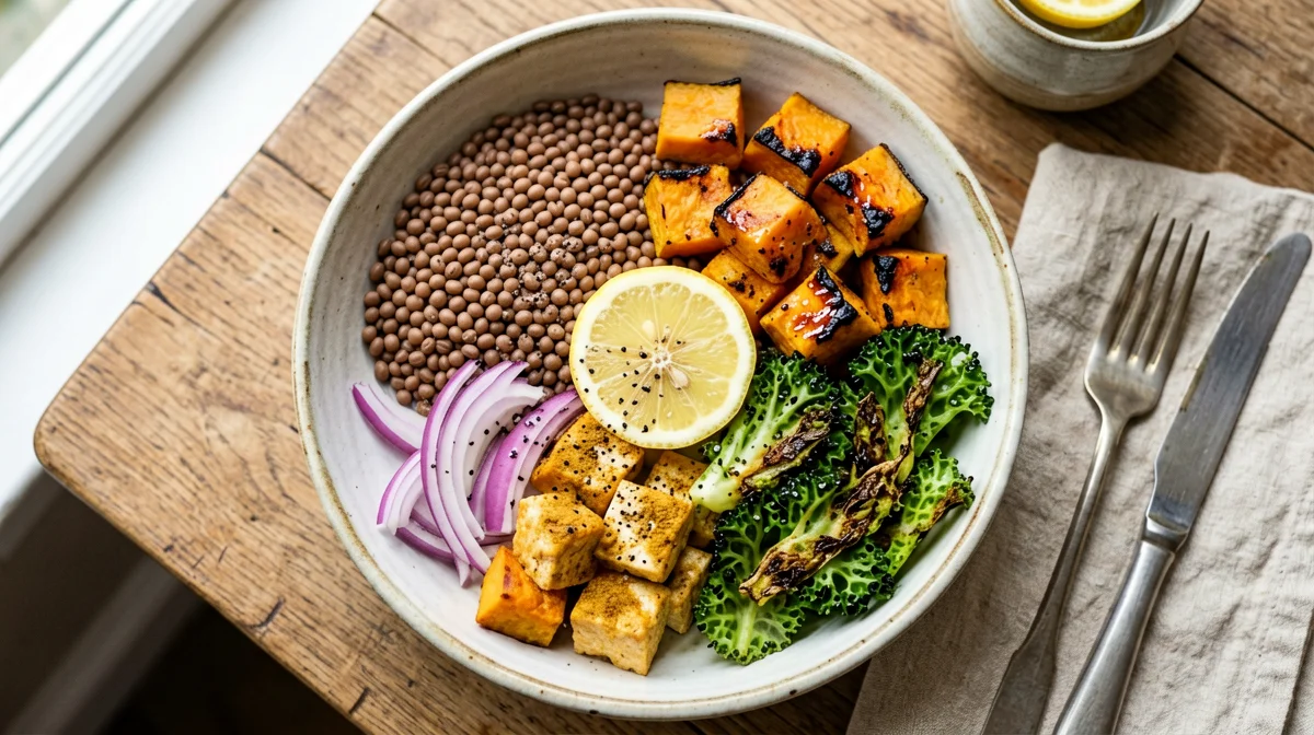 Ciotola di lenticchie, tofu marinato e verdure arrosto