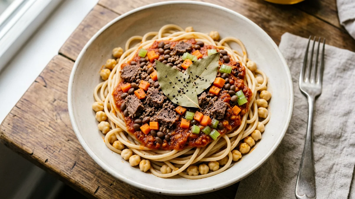 Pasta di ceci con ragù di lenticchie e seitan