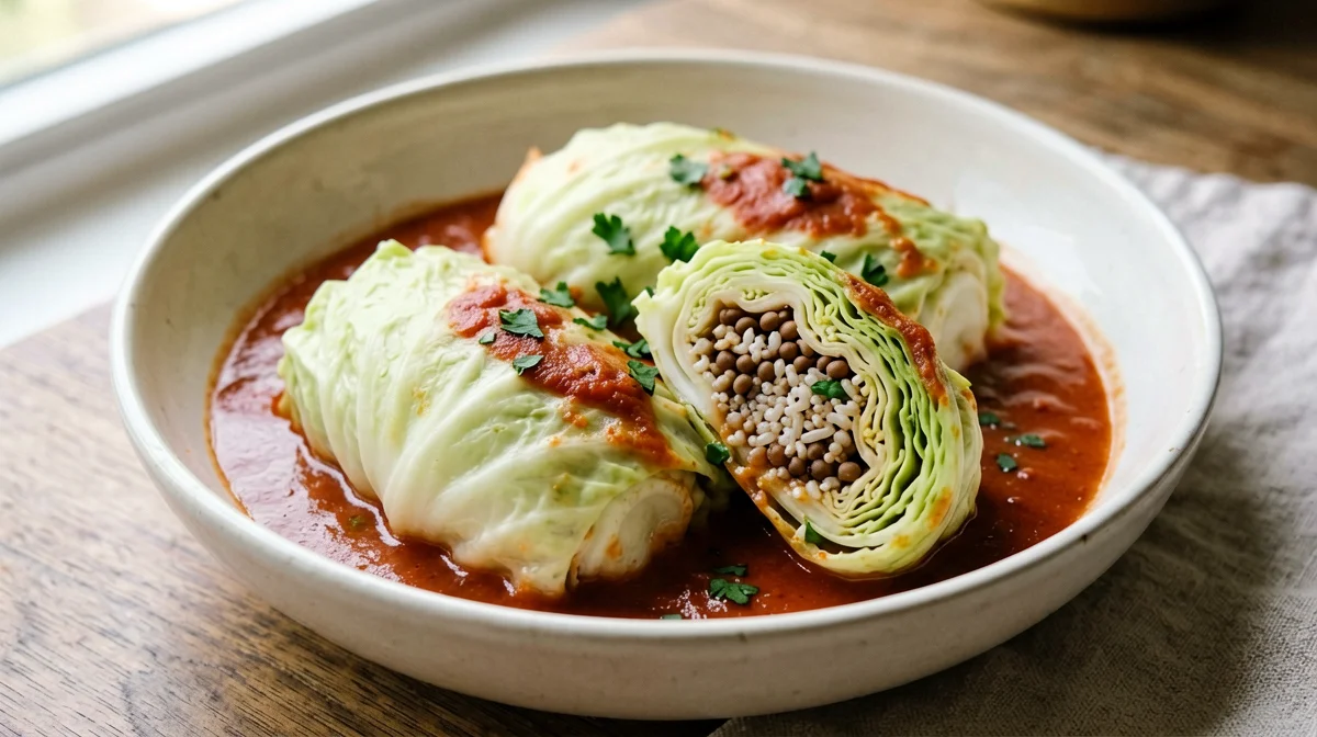 Savoy cabbage parcels stuffed with lentils and rice