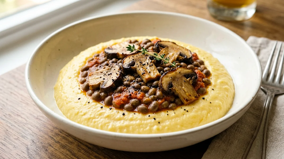 Lenticchie in umido con funghi porcini e polenta