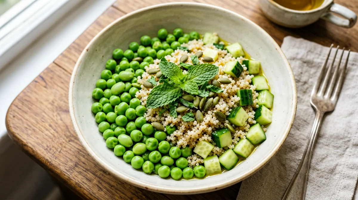 Insalata di piselli, edamame e quinoa con menta