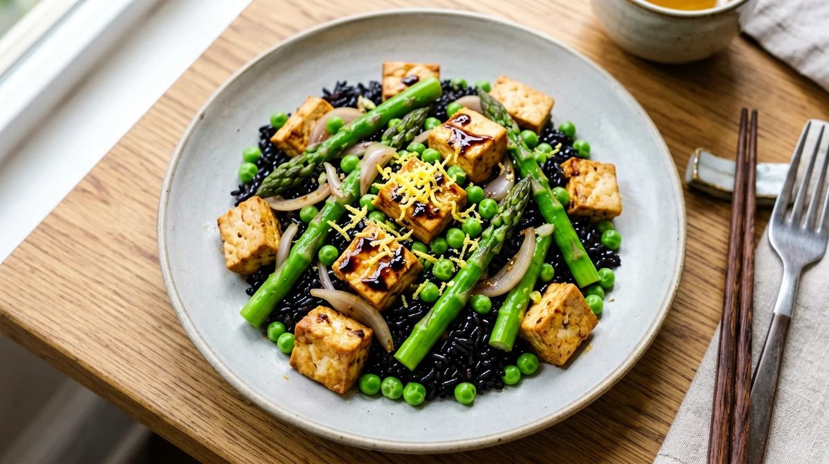 Sautéed peas and asparagus with tofu and black rice