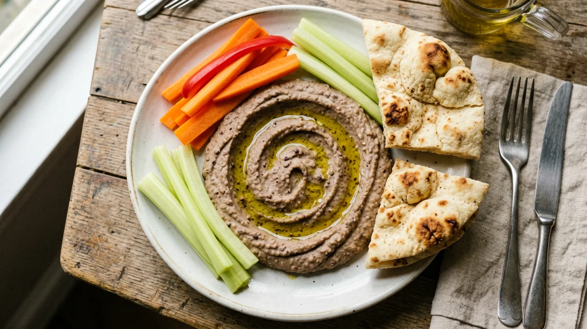 Hummus di lenticchie con verdure crude e pane pita